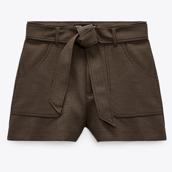 NEW Zara Houndstooth Checker Plaid High Waist Self Tie Belt Shorts Dark Brown S - Picture 7 of 10